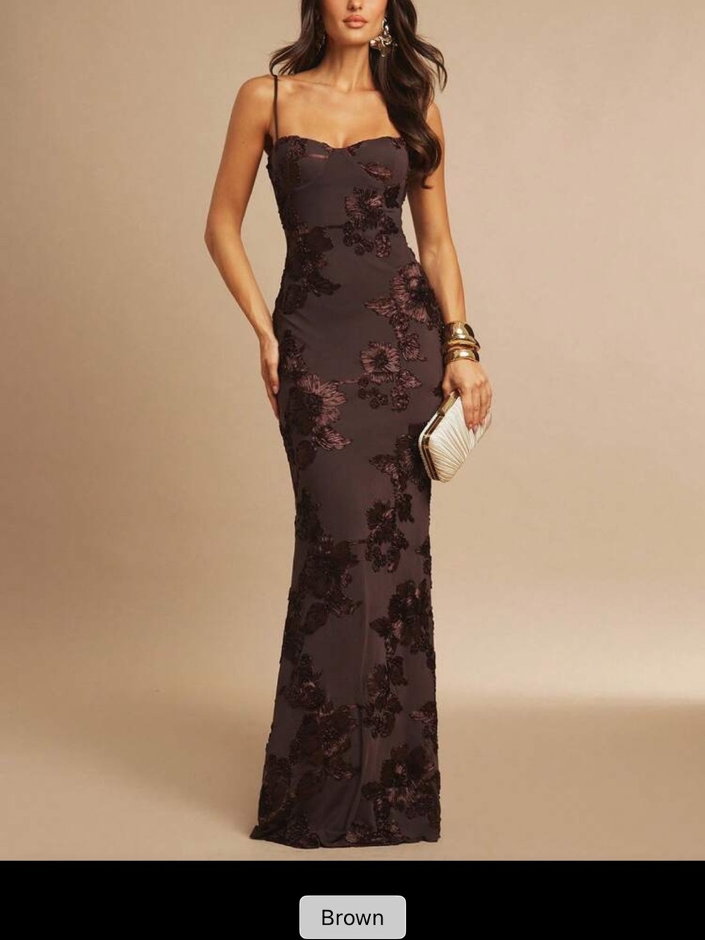 Elegant Brown 3D Floral Evening Gown